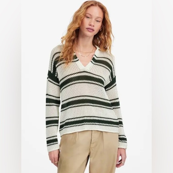 Madewell Open-Stitch Johnny Collar Sweater In Summit Green Stripe Size Small - Picture 1 of 10